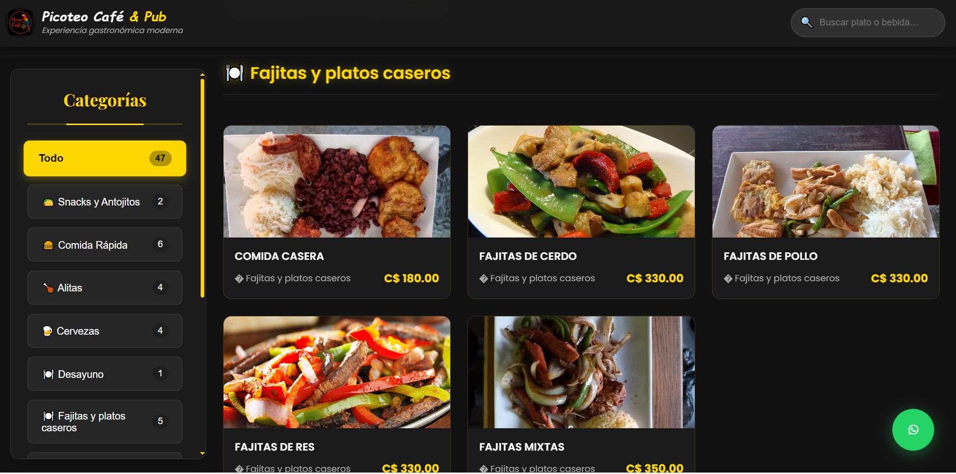 Vista principal del menú digital