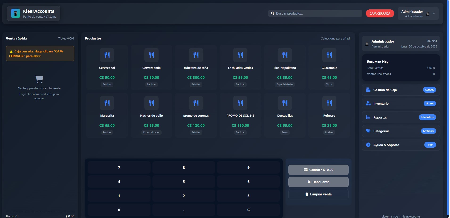 Interfaz del punto de venta